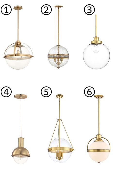 Brass is back - check out this round up of the best gold kitchen island lights. There are some beautiful brass pendant options that are guaranteed to warm up your kitchen. #brassisback #kitchendecor #lighting Glass Round Pendant Lights Over Kitchen Island, Gold Pendent Island Lights, Champagne Pendant Lights Over Kitchen Island, Gold Pendants Over Kitchen Island, Brass And Glass Pendant Light Kitchen, Gold Globe Pendant Light Kitchen, Gold Glass Pendant Lights Over Kitchen Island, Glass And Gold Pendant Light, Oversized Island Pendants