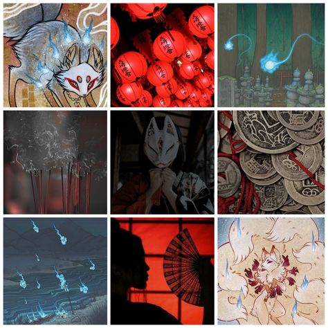 Kitsune , ghost , Japanese , yokai , onibi , hitodama , moodboard Kitsune Oc Design, Water Kitsune, Japanese Witch Aesthetic, Kitsune Moodboard, Japanese Ghost, Yokai Aesthetic, Oni Aesthetic, Japanese Kitsune, Japanese Mood Board