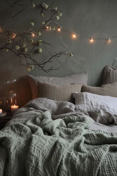 23 Sage Green and Grey Bedroom Ideas You Will Absolutely Love Green Wall Grey Bedding, Gray Cozy Bedroom Ideas, Grey Green Bedding, Room With Grey Walls Bedroom Ideas, Sage Green And Grey Bedroom Ideas, Sage And Gray Bedroom, Gray And Sage Bedroom, Grey Bedding Bedroom Ideas, Grey And Green Room