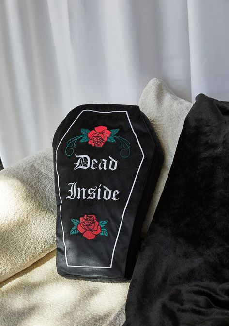 to rest in peace. This coffin shaped throw pillow has a velour construction with “Dead Inside” embroidered on the front along with two roses, and a front flap with a magnetic closure that opens to an embroidered skeleton surrounded by a gothic swirl design. Skull House Decor, Goth Throw Pillows, Horror Bedroom Decor, Victorian Goth Home Decor, Pastel Goth Home Decor, Skeleton Pillow, Coffin Pillow, Spooky Living Room, Horror Bedroom