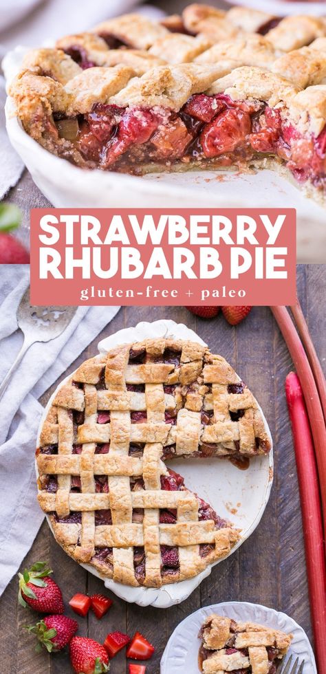 This Gluten-Free & Paleo Strawberry Rhubarb Pie is bursting with fresh strawberries and rhubarb, creating a delectable tart + sweet pie! The crisp and flaky gluten-free + grain-free crust is the perfect vessel for the lightly spiced fruit filling. Vegan optional, as well. Healty Dinner, Spiced Fruit, Strawberry Rhubarb Pie, Rhubarb Pie, Gluten Free Pie, Fruit Filling, Sweet Pie, Strawberry Rhubarb, Fresh Strawberries