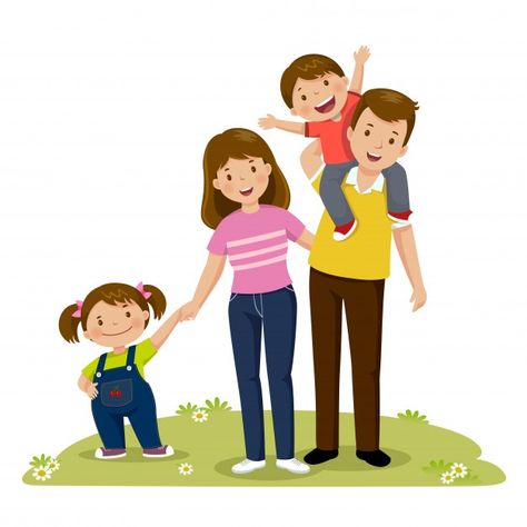 Portrait of four member happy family pos... | Premium Vector #Freepik #vector #kids #children #family #woman 가족 일러스트, Family Vector, Protect Family, Family Drawing, Muslim Family, Happy Parents, Kids Vector, Family Cartoon, Family Illustration