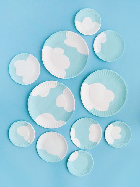 Painted Paper Plate Clouds ⋆ Handmade Charlotte Folk Art Acrylic Paint, Summer Party Diy, Cloud Craft, Cloud Stencil, Diy Clouds, Handmade Charlotte, Diy Chalkboard, How To Make Purses, Surprise Box