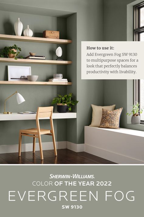 Give your multipurpose workspace a beautiful backdrop with the versatile, organic 2022 Sherwin-Williams Color of the Year, Evergreen Fog SW 9130. Tap this pin for DIY painting project inspiration, coordinating colors, and more. #SWColoroftheYear #sherwinwilliams #diy #diypainting #livingroom #paint #painting #interiordesign #decor #office #homeoffice #guestroom Evergreen Fog, Sage Green Paint Color, Office Paint Colors, Sage Green Paint, Shoji White, Office Paint, Sherwin Williams Colors, Dekorasi Kamar Tidur, Green Paint Colors