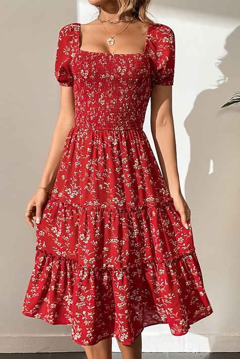 $13.62 Red Boho Flower Smocked Square Neck Tiered Midi Floral Dress Wholesale Midi Floral Dress, Red Boho, Shein Dress, Square Neck Dress, Boho Floral Dress, Tiered Midi Dress, Bohemian Floral, Peasant Dress, Moda Vintage