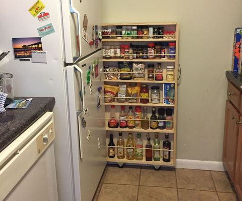 In this Instructable, you will learn how to steal some much needed kitchen storage, and not take up any more room in doing so.I live in a small apartment with ... Ikea Small Kitchen, Hidden Fridge, Small Kitchen Solutions, Ikea Kitchen Storage, Slide Out Pantry, Small Apartment Organization, Casa Cook, Kitchen Storage Hacks, Apartment Storage