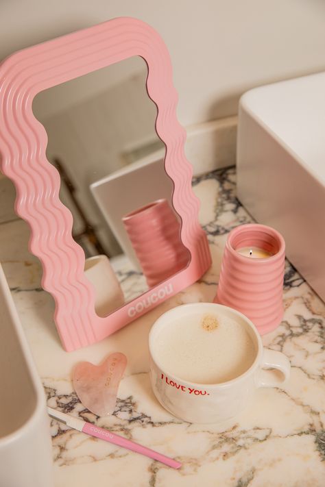 How adorable the mirror + the candle so cute!! 🤩 Mirror, Pink, Aesthetic, Bathroom, Candle, Wavy, GRWM, Cute, Perfect, Room, Need, Lovely, Bathroom Pink Aesthetic Bathroom, Wavy Mirror Decor, Bathroom Candle, Cute Mirror, Wavy Mirror, Aesthetic Bathroom, Perfect Room, Pink Bathroom, The Mirror