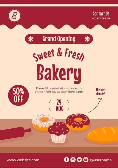 Bakery Opening Poster, Bakery Poster Advertising, Bakery Poster Design, Opening Poster Design, Grand Opening Design, Bakery Advertisement, Grand Opening Ideas, Grand Opening Poster, Bakery Poster