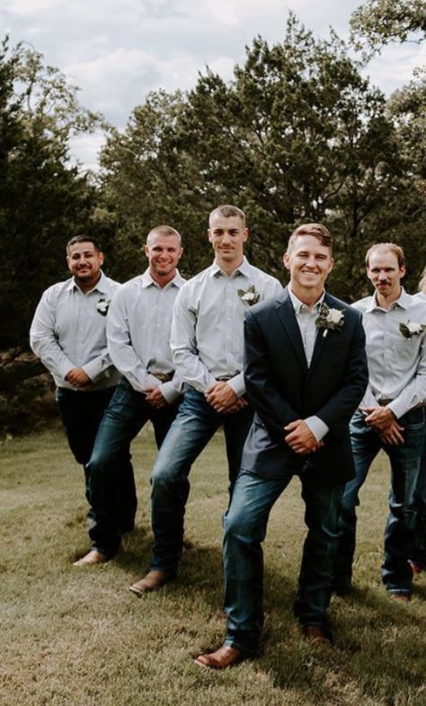 Blue Jean Groomsmen Attire, Navy Suit With Cowboy Boots, Simple Groom Attire Jeans, Groomsmen Vest And Bowtie, Groomsmen Wearing Jeans, Ring Bearer Outfit Jeans, Groom Attire With Jeans, Groom And Groomsmen Attire Jeans, Groom Western Outfit