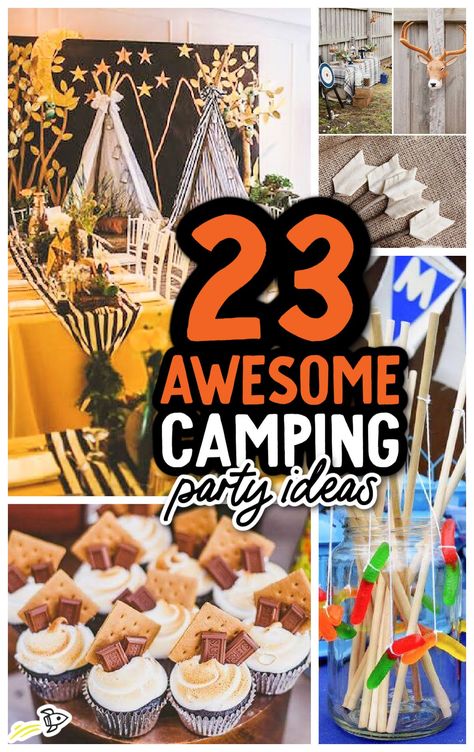 23 Awesome Camping Party Ideas Camping Birthday Party Food, Camping Themed Party Food, Kids Camping Birthday Party, One Happy Camper Party, Camping Party Foods, Campfire Birthday Party, Food Surprise, Campfire Birthday, Happy Camper Party