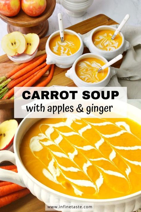 soup in large tureen with cream on top and title in center. Apple Carrot Soup, Low Fat Soups, Creamy Soup Recipes, Spicy Carrots, Carrot Soup Recipes, Carrot Ginger Soup, Ginger Soup, Apple Soup, Pumpkin Dishes