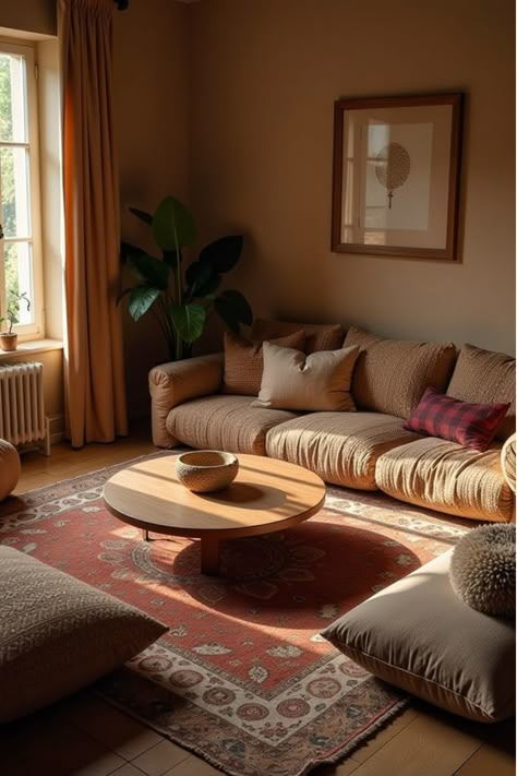 Warm and inviting boho floor lounge setup in bedroom corner Unique Living Room Seating, Living Room With Pillows On Floor, Pillow Lounge Area, Floor Seating In Bedroom, Chill Lounge Room Ideas, Living Room Floor Sitting Ideas, Boho Floor Bed Ideas, Floor Lounge Area Cozy, Cosy Floor Seating