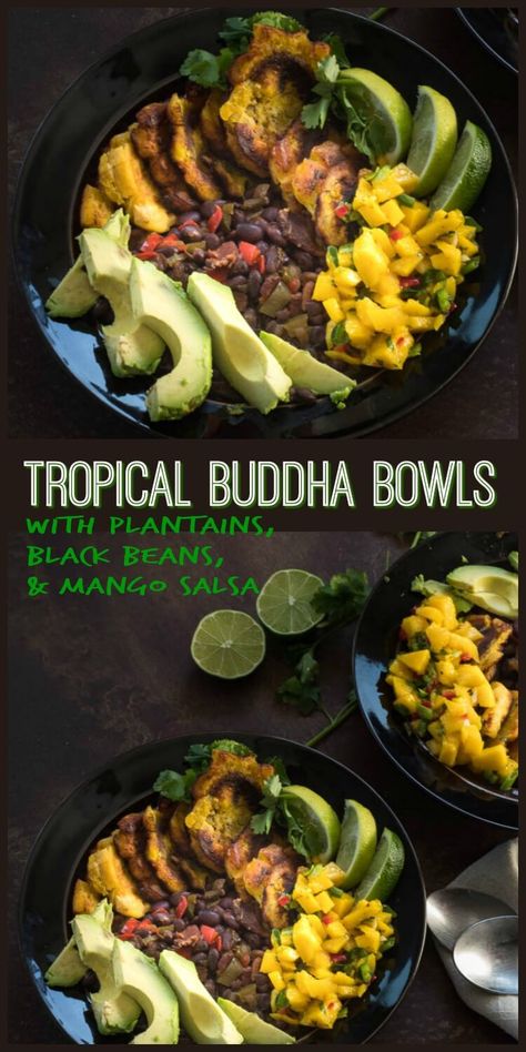 Tropical Buddha Bowl with Plantains, Black Beans, and Mango Salsa - Tropical flavors - mango, avocado, citrus, and plantains - dress up simple black beans in a healthy, hearty one-dish meal... Tropical Buddha Bowls with Plantains, Black Beans, and Mango Salsa can be on your table in less than 45 minutes! tropical recipes | black beans | plantains | mango salsa | buddha bowls Mango Avocado, Buddha Bowls, Healthy Bowls, Buddha Bowl, Mango Salsa, How To Cook Quinoa, Meatless Meals, Food Bowl, Bowls Recipe