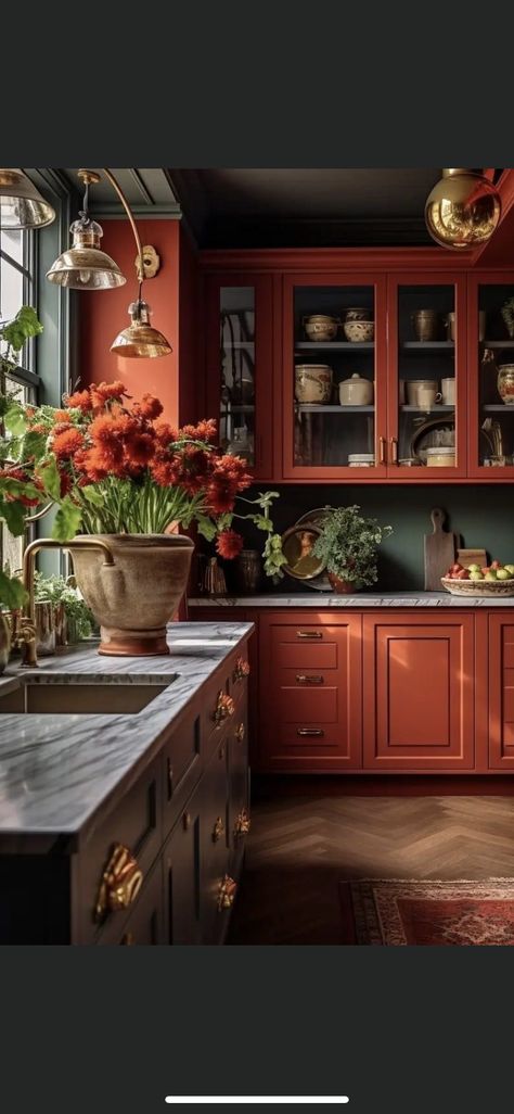 Orange Cabinets Kitchen, Kitchen Cabinets Orange, Orange Kitchens, Orange Cabinets, Orange Kitchen Decor, Craftsman Home Interiors, Victorian Kitchen, Orange Kitchen, Cabin Kitchens