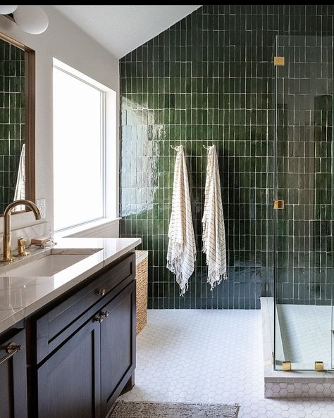 Green Shower Tiles, Green Subway Tile Bathroom, Bathroom With Wooden Floor, Green Wc, Colorado Bathroom, Zellige Tile Bathroom, Green Toilet, Green Tile Bathroom, Subway Tiles Bathroom