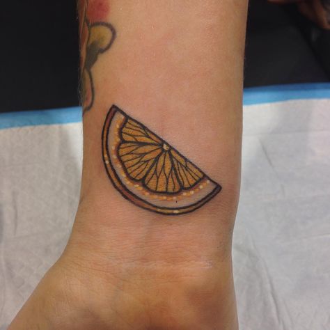 “A little slice of lemon for Andrea .... ❤️” Moon River Tattoo, Postage Stamp Tattoo, Shot Of Tequila, River Tattoo, Upper Thigh Tattoos, Baby Name Tattoos, Glyph Tattoo, Stamp Tattoo, Jennifer Rose