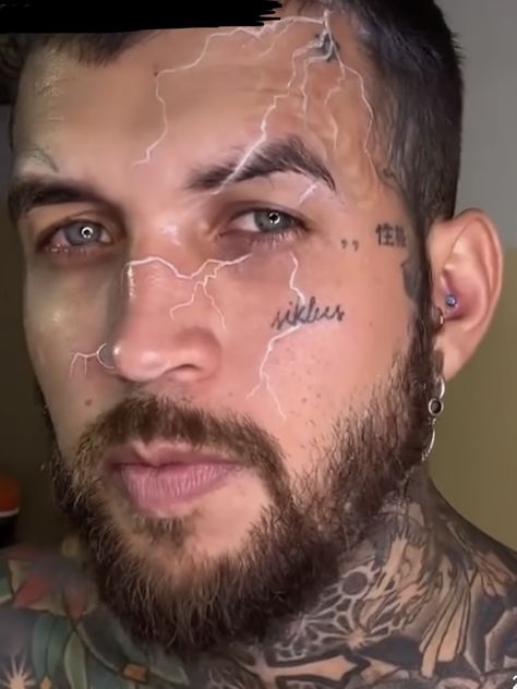 Lightning Face Tattoo, White Ink Lightning Tattoo, White Ink Face Tattoo, White Face Tattoo, Red Face Tattoo, White Lightning Tattoo, Jawline Tattoo, Face Tattoo Men, Cool Face Tattoos