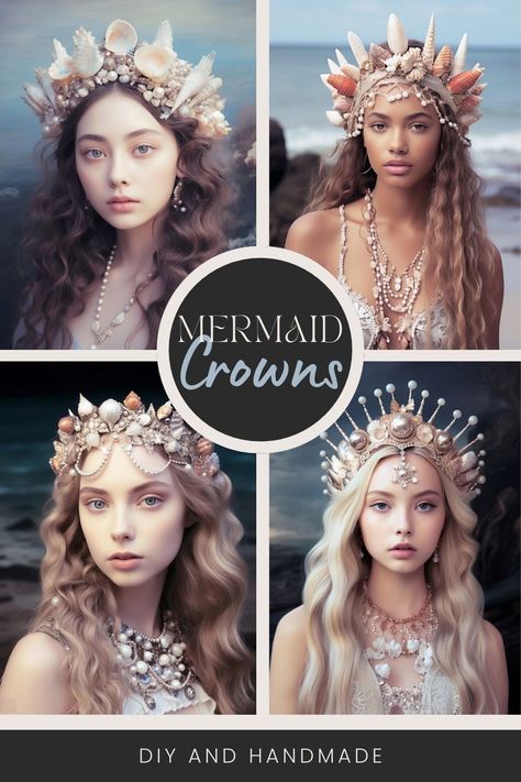 A mermaid crown DIY and handmade mermaid crown tiaras and headpieces perfect for beach weddings and mermaid costumes. #beachwedding #seashellcrown #UniquelyMermaid Make A Crown Diy Queens, Mermaid Crown Diy, Mermaid Crown Tiaras, Season Costumes, Shell Headpiece, Diy Mermaid Crown, Mermaid Transformation, Diy Mermaid Costume, Sea Crown