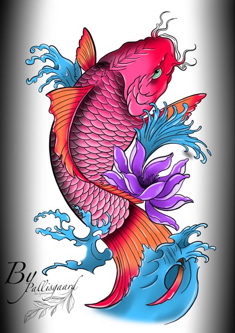 Fish tattoo design in colours Colourful Koi Fish Tattoo, Koi Fish Tattoo Colour, Neo Traditional Fish Tattoo, Neo Traditional Koi Fish Tattoo, Neo Traditional Koi Fish, Japanese Koi Fish Tattoo Design For Men, Koi Fish Tattoo Drawing, Coi Tattoo, Traditional Koi Fish Tattoo