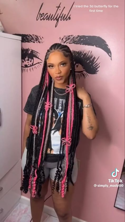 Black white pink 3d butterfly braids pretty black girl 3d Braids Black Hairstyles, Pink White And Black Braids, Butterfly On Braids, Braided Hairstyles Pink And Black, Box Braids With Butterflies, Braids With 3d Butterfly, Braids With Butterflies, Pink Black Braids, Pink And White Braids