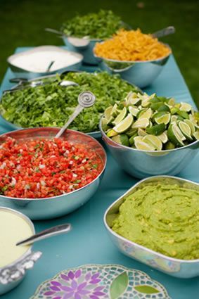 Great Party Ideas for Him - Susie Pea's Nachos Bar, Tattoo Food, Taco Bar Party, Reception Buffet, Buffet Wedding Reception, Wedding Food Menu, Mexican Buffet, Cafe Rio, Buffet Party