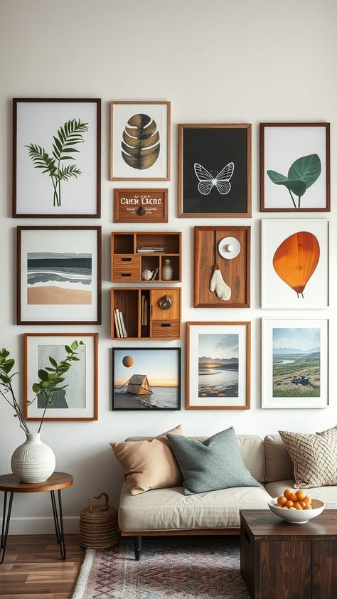 Creating a rustic farmhouse gallery wall can add that cozy charm to your home. With a mix of vintage frames, natural textures, and personal touches, this decor style offers endless possibilities for customization. Small Corner Wall Decor Ideas, Gallery Picture Wall, Farmhouse Gallery Wall Ideas, Travel Gallery Wall Ideas, Vintage Gallery Wall Ideas, Wall Collage Pictures Aesthetic, Frame Wall Ideas, Mid Century Modern Gallery Wall, Gallery Wall Office