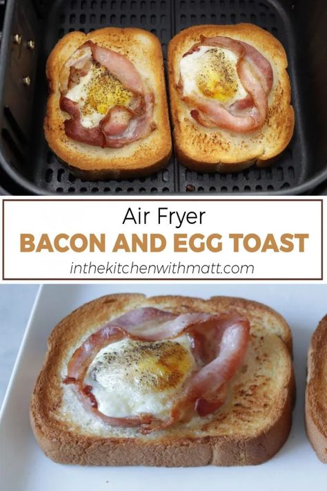 Air fryer bacon and egg toast pin for Pinterest Airfryer Bacon, Bacon Air Fryer, Toast Air Fryer, Air Fryer Recipes Eggs, Air Fry Bacon, Air Fryer Bread, Airfryer Breakfast, Bacon Toast, Egg And Toast