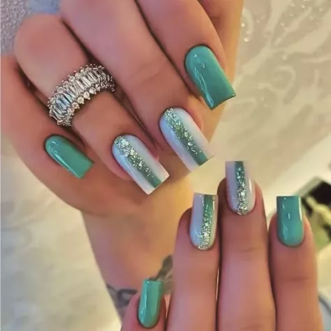 Makeup | Green White Press On Fake Nails Medium Short Square Tip Kit | Poshmark Green And Black French Nails, Simple Late Summer Nails, Acrylic Nail Designs For August, September Birthstone Nails, Green Nails Glitter, Nail Art Creative, Fingernails Painted, Nails Kit, Pretty Nail Colors