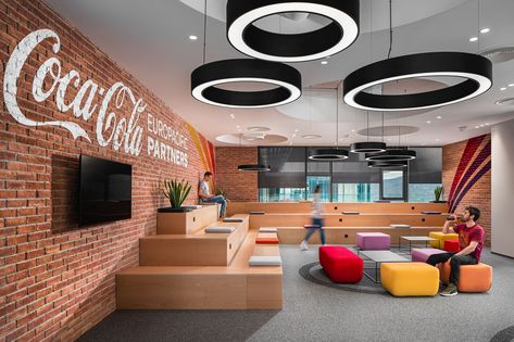 Coca-Cola Europacific Partners Offices - Sofia Auditorium Seating, Tiered Seating, Faux Brick Walls, Office Floor, Office Layout, Break Room, Living Wall, Commercial Interior Design, London Design