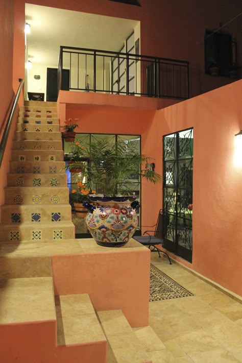 Night view of patio and stairs Kevin Carpenter 2013 Rajasthani Home Interior Design, Mexican House Design, Mexico House Ideas, Mexican Style Home, Hacienda Style Homes, Mexico House, House Roof Design, House Balcony Design, Small House Interior Design