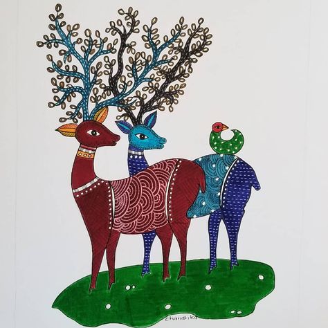 A Homemaker's Canvas on Instagram: “. "Colours enhance the beauty of everything in this world".😍 Deer in Gond art the vibrant folk and tribal art of Madhya Pradesh India.…” Gond Art Deer, Gond Art, Gond Painting, Deer Painting, Girl Drawings, Madhya Pradesh, Folk Art Painting, Hand Painting Art, Hand Painting