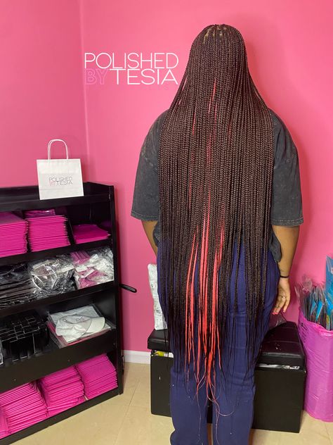 Pink Small Knotless Braids, Knotless Braids Knee Length, Knee Length Braids, Peek A Boo Pink, Peekaboo Braids, Small Knotless Braids, Color Braids, Small Knotless, Black Kids Braids Hairstyles