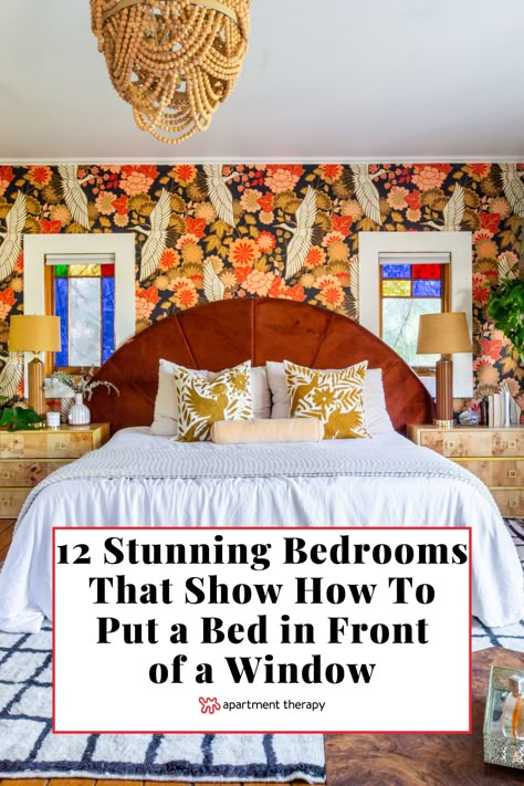 Queen Bed In Front Of Single Window, Bedroom Window Inspirations, King Bed Overlapping Windows, Hiding Adjustable Bed Frame Ideas, Bed In Front Of Window Boho, Bed Overlapping 2 Windows, Bed In Front Of A Window, Big Window Bedroom Ideas, Bed In Between Windows