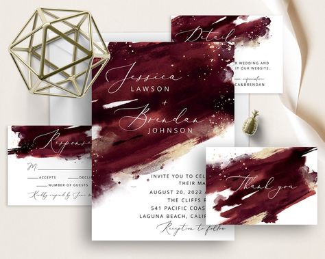 Buy Burgundy Wedding Invite Set Burgundy and Gold Watercolor online on Etsy India. Shop for handmade, vintage and unique Templates items from RatherRefined online on Etsy Maroon Gold Wedding Theme, Deep Red And Gold Wedding, Maroon And Grey Wedding, Maroon And Champagne Wedding, Wine Color Wedding Theme, Maroon Themed Wedding, Deep Red Wedding Theme, Maroon Wedding Invitations, Burgundy And Champagne Wedding