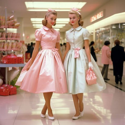 Fifties Fashion Women, Retro Housewife Outfit, 1950s Sock Hop Fashion, 50s Pink Dress, 50s Aesthetic Fashion Women, 50s Teen Fashion, Pink 50s Aesthetic, Ribbons Galore Outfit, 1950 Fashion Women Classy