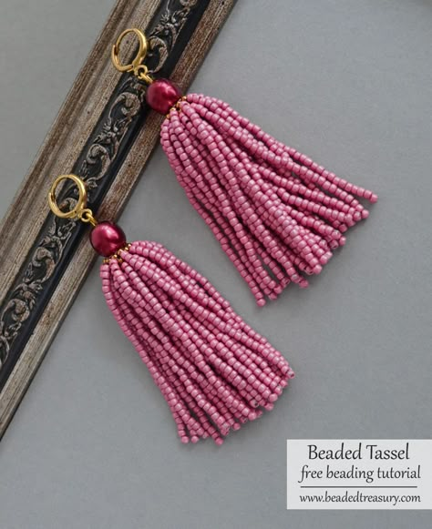 Free Beading Tutorial: Beaded Tassel Earrings | BeadedTreasury Beaded Tassels Tutorial, Beaded Tassels Diy, Sculpture Tutorial, Bead Sculpture, Tassels Tutorials, Free Beading Tutorials, Seed Bead Bracelet Patterns, Beaded Chandelier Earrings, Beaded Earrings Tutorials