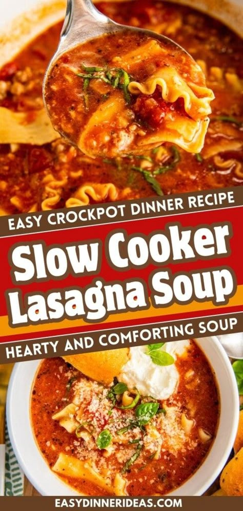 Easy Slow Cooker Lasagna Soup, Easy Fall Crockpot Soups, Easy Crockpot Lasagna Soup, Easy Crockpot Lasagna, Crockpot Italian Sausage, Crockpot Lasagna Soup Recipe, Lasagna Soup Crockpot, Slow Cooker Lasagna Soup, Italian Sausage Lasagna