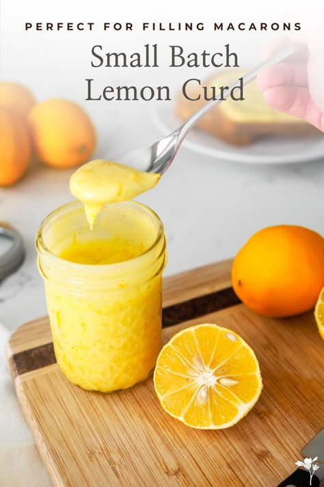 A hand pulls a spoonful of lemon curd out of a small jar on a wooden cutting board with halved lemons. Easy Lemon Curd, Small Batch Baking, Lemon Curd Recipe, Lemon Curd Filling, Curd Recipe, Lemon Filling, Floral Apron, Jam And Jelly, Macaron Recipe