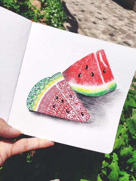 Realistic fruit drawing with a twist Realistic Fruit Drawing, Fruit Mandala, Fruit Drawing, Mini Mandala, Fruits Drawing, Mandala Art Therapy, Mandala Design Pattern, Pencil Drawings Easy, Mandala Design Art