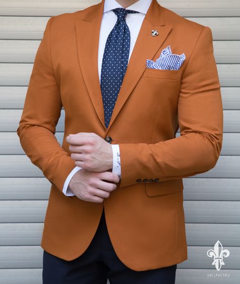 Summer Vibes #Porto #SS16 #SIGNORI Orange Blazer Outfits, Best Suits For Men, Suits And Sneakers, Stylish Mens Suits, Orange Suit, Men's Ethnic Wear, Mens Fashion Blazer, Men's Formal Style, Mens Formal Wear