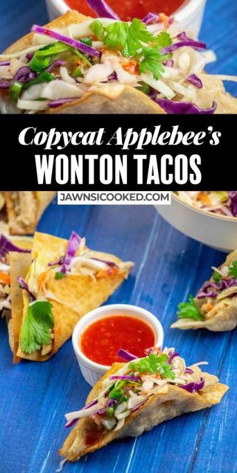 This baked Copycat Crispy Applebee's Wonton Tacos recipe is a lighter version of the delicious Applebees appetizer, with a baked crispy wonton shell, tangy garlic and ginger marinated chicken, and a quick and zesty asian slaw. Serve these mini tacos as an easy main dish or fun appetizer for your next party! Wonton Tacos Recipe, Tailgate Snack, Wrapper Recipes, Crockpot Party Food, Chicken Wonton Tacos, Wonton Tacos, Chicken Wontons, Crispy Wonton, Mini Tacos