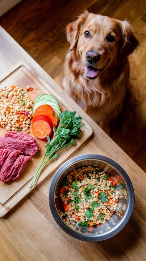 Golden Retriever waiting for homemade dog food with ground beef, barley, and fresh vegetables on a wooden board. Raw Food Dog, Dog Food Photography, Beef And Barley, Dog Food Recipe, Chicken And Butternut Squash, Beef Barley, Cat Diet, Raw Dog Food, Sweet Potatoes For Dogs