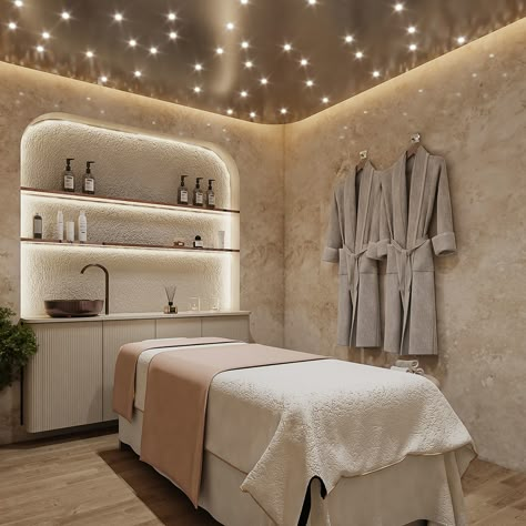 SPA MASSAGE ROOM :: Behance Spa Room Decor Massage Interior Design, Skin Room Design, Neutral Spa Room, Spa Relaxation Room Ideas, Gold Esthetician Room, Spa Rooms Ideas Decor, Small Spa Room Ideas Estheticians, Facial Spa Aesthetic, Spa Ideas Business