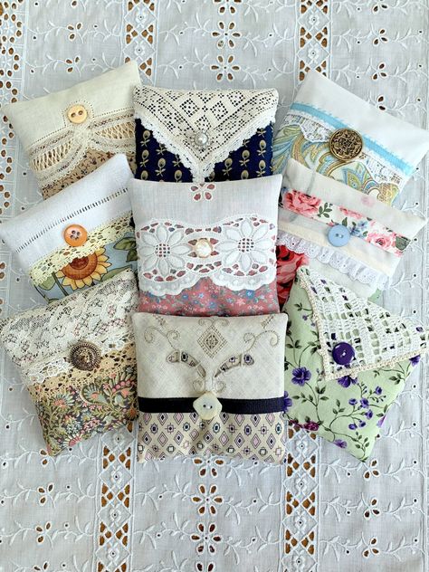 Vintage Handkerchiefs Crafts, Handkerchief Crafts, Lace Fabric Diy, Lavender Crafts, Embroidered Elephant, Quilter Gifts, Dried Lavender Flowers, Flower Resin Jewelry, Bridal Shower Favor