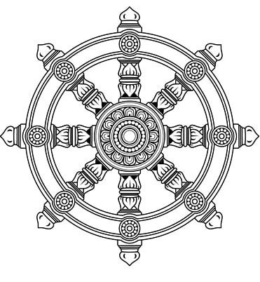 Dharma Wheel (Dharmachakra, Wheel of Law)  The dharma chakra (‘wheel of Law’) Buddhist emblem resembling a wagon wheel, with eight spokes, each representing one of the eight tenets of Buddhist belief. The circle symbolizes the completeness of the Dharma, the spokes represent the eightfold path leading to enlightenment: Right faith, right intention, right speech, right action, right livelihood, right endeavor, right mindfulness, and right meditation.  It is drawn from an Indian symbol, but instea Dharma Wheel Tattoo Design, Dharma Wheel Tattoo, Wheel Tattoo, Om Tattoo Design, Chakra Tattoo, Buddhist Tattoo, Buddha Tattoos, Om Tattoo, Buddhist Symbols