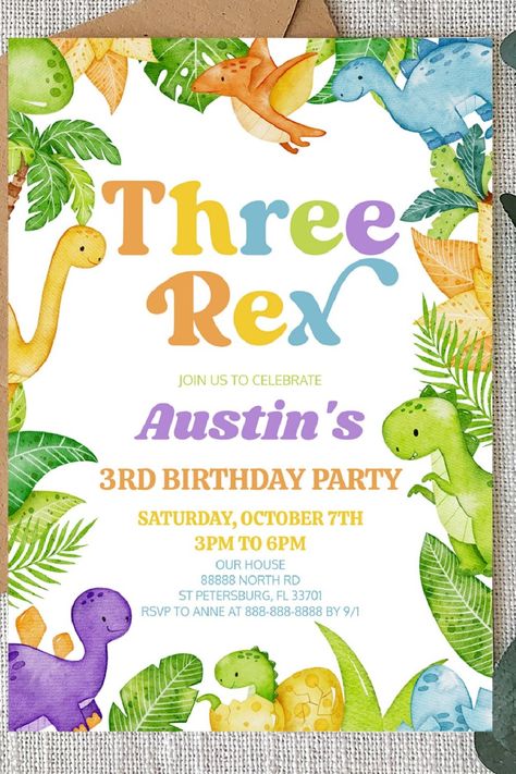 🏷️$1.98 📢Before Discount - 🎁 This is a Three Rex Dinosaur 3rd Third Birthday Party Invitation!  🥳🎉🥂🎁🔥 three rex three-rex, third 3rd three 3, birthday party, invites invitations, dinosaur dino saur, cute, children child kids, custom template digital download, blue orange green yellow, boy 3 Birthday Party, Dinosaur Birthday Invitations, Third Birthday Party, Birthday Party Invites, Custom Templates, 3rd Birthday Parties, Third Birthday, Dinosaur Birthday, Party Invites