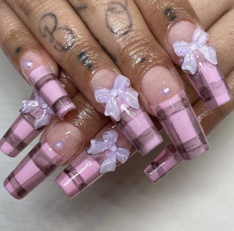 30k Followers, Plaid Nails, Y2k Nails, French Acrylic Nails, Pretty Gel Nails, Really Cute Nails, Kawaii Nails, February 8, Pink Acrylic Nails