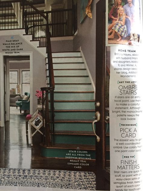 Blue Staircase, Dark Stairs, Cabin Dining Room, Happy Birthday Dr Seuss, Stairs Colours, Dark Wood Trim, Painted Staircases, Ombre Dark, Painted Stairs