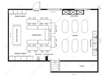 Here is a floor plan especially designed for high school science classroom or laboratory. It displays the location of laboratory equipment, learning area, storage areas, and other laboratory furniture and fixtures. It can serve as a valuable tool for ensuring the safety, efficiency, and effectiveness of a science laboratory. School Cafeteria Floor Plan, Chemistry Lab Design, Science Lab Design, Chemistry Labs High School, Medical Laboratory Design, Laboratory Classroom, Laboratory Floor Plan, Lab Plan Architecture, Science Lab Floor Plan