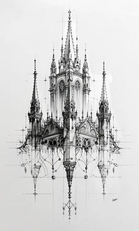 Gothic Tower Drawing, Cathedral Tattoo Gothic, Drawing Ideas Gothic, Gothic Cathedral Drawing, Gothic Architecture Sketch, Cathedral Architecture Drawing, Detailed Art Drawings, Cathedral Blueprint, Gothic Castle Drawing